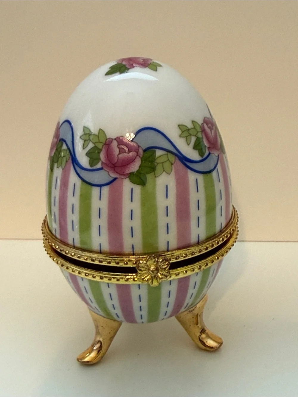 Genuine Porcelain hand painted romantic Victorian style egg shaped trinket box